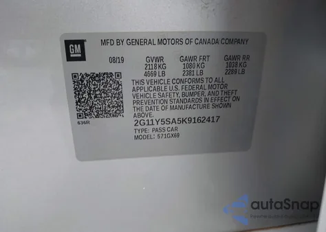 2019 Chevrolet Impala Ls из США, поврежденный, VIN 2G11Y5SA5K9162417